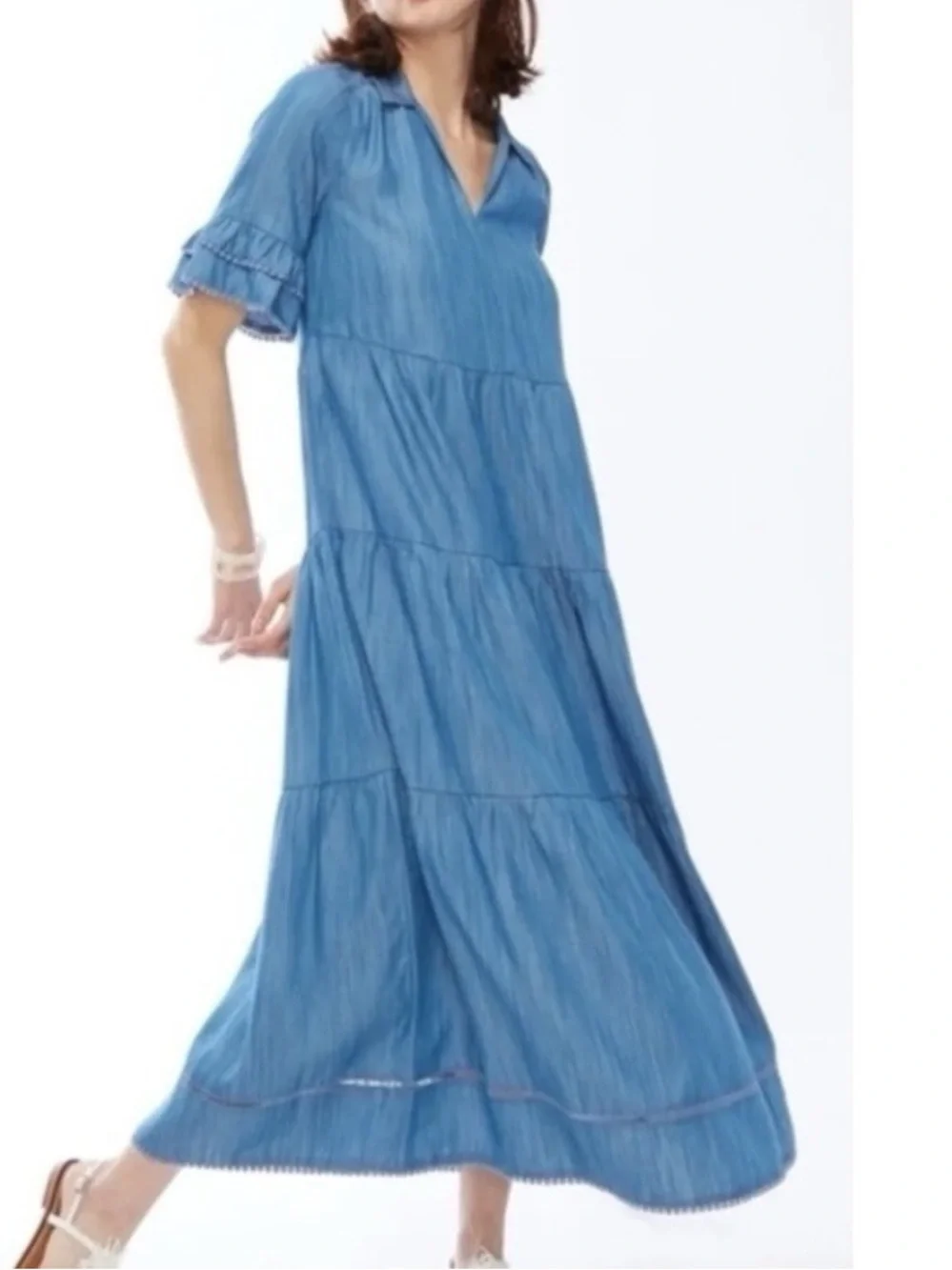 Chico's Blue Chambray Tencel Tiered V-Neck Maxi Dress Plus size 20 - Picture 1 of 15